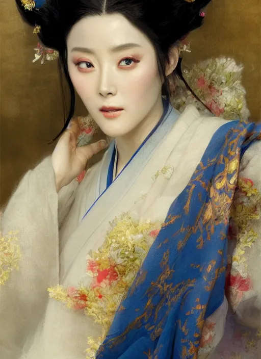 Image similar to detailed portrait of fan bingbing wearing hanfu, natural light, painting by gaston bussiere, craig mullins, j. c. leyendecker