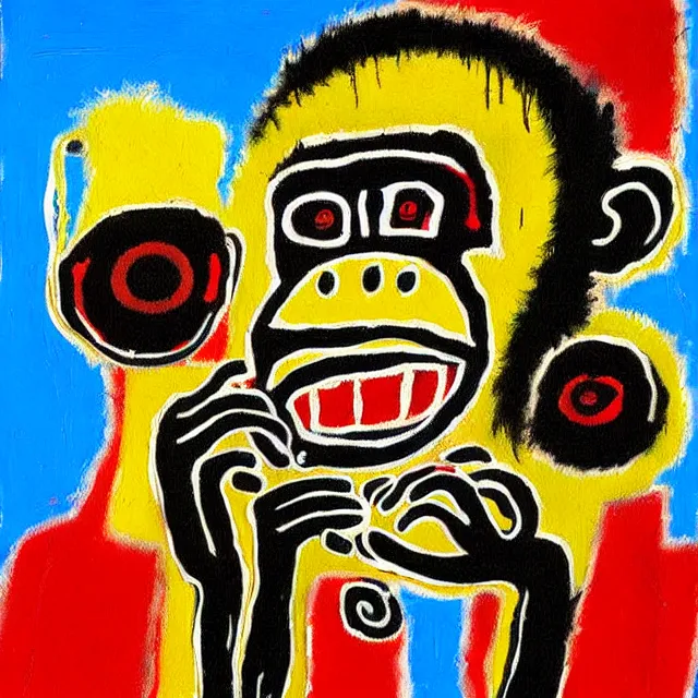 Image similar to a beautiful painting monkeys eat bananas in the tree, by jean michel basquiat realistic oil painting