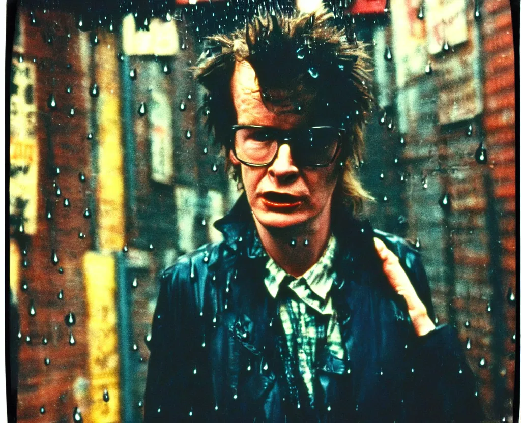 Prompt: closeup of young Garry Oldman as Sid Vicious on the lower east side by Alex Cox, Polaroid, raining!!!, nightime, colorful, 1970s, photorealistic, atmospheric,