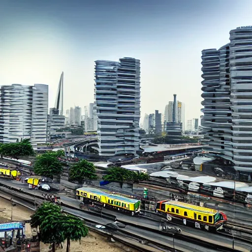 Prompt: lagos nigeria with futuristic buildings cars and train city view