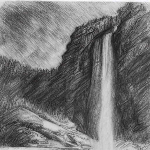 Prompt: a pencil sketch of a historic building with a waterfall nearby