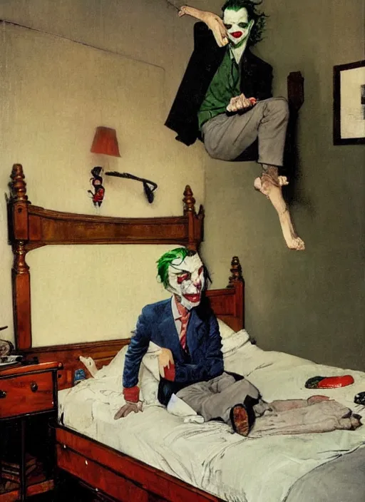 Image similar to full body and head portrait of the joker sitting on the edge of a bed in a dark and dingy dystopian apartment lit by green light, painted by norman rockwell and tom lovell and everett raymond kinstler