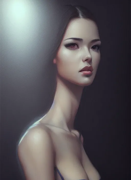 Image similar to photo of a gorgeous young woman in a dark studio, low key, in the style of stefan kostic, realistic, sharp focus, 8k high definition, insanely detailed, intricate, elegant, art by stanley lau and artgerm