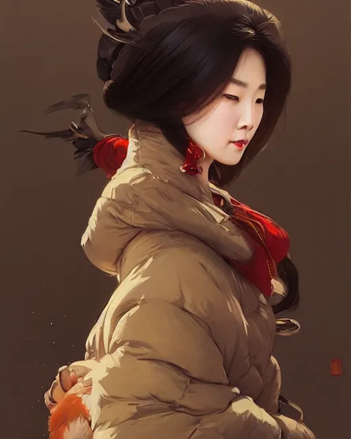 Image similar to a beautiful chinese woman in down jacket ， a goose ， winer ， wenjun lin intricate, elegant, highly detailed, digital painting, artstation, concept art, matte, sharp focus, illustration, hearthstone, art by artgerm and greg rutkowski and alphonse mucha