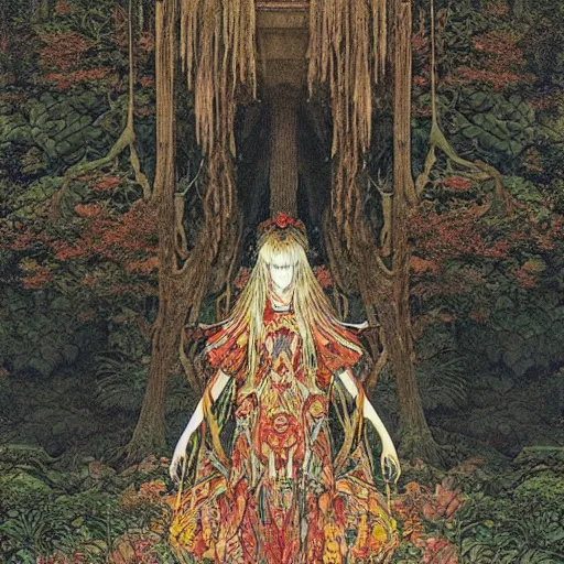 Image similar to a simple concept art portrait of an ancient temple in the forest, an award winning yoshitaka amano digital art poster, by, james gurney and gerhard richter. art by takato yamamoto. masterpiece, deep colours.