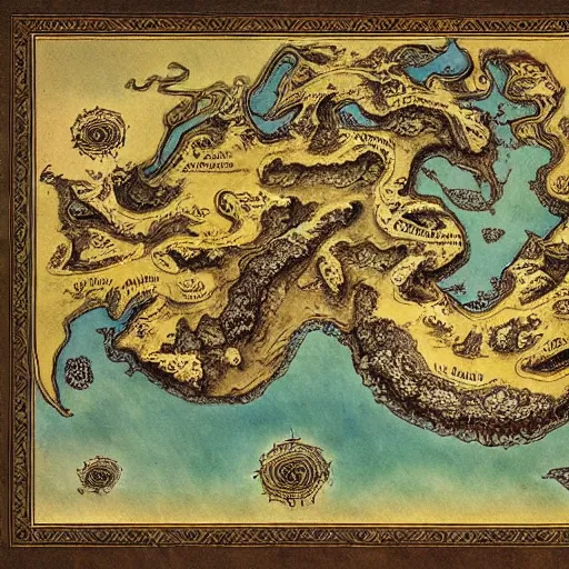 Prompt: fantasy map of an ancient land of Odrua in the Fantasy world of Lute, showing continents archipelagos cities mountains deserts rivers coastlines kingdoms, a central musical land, vast oceans with kraken by JRR Tolkien by Brian Froud