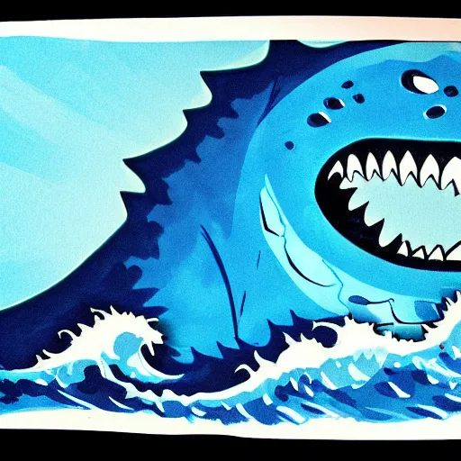 Image similar to a blue water wave in the silhouette shape of Godzilla, cartoon drawing