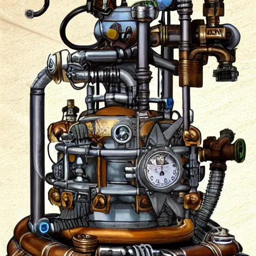 Prompt: A random pointless contraption ((steampunk)) industrial appliance pneumatic machine with no apparent purpose, being operated by a scholarly looking man with a clear directed gaze, artwork by Steve Henderson