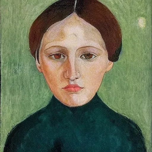Prompt: A beautiful print. She looks up at me, up and down. She has short-cropped hair, and a scar on her left cheekbone: just a line of black against her deep tan, precise and geometrical. Her eyes are pale green. by Paula Modersohn-Becker swirling, composed
