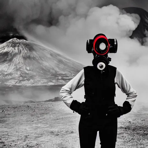 Image similar to woman with white suit, she wear red eyed gasmask, in volcano, standing close to volcano, fire raining, professional photography, black and white, cinematic, eerie