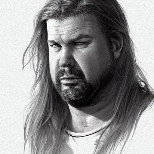 Image similar to portrait of a half fatman half pig with long hair tied in a ponytail, light stubble with red shirt ,digital art,photorealistoc,art by greg rutkowski,hyperdetailed,western comic style,comic,comic style,sharp lineart,professional lighting,deviantart,artstation,trevor henderson,rossdtaws,cinematic,dramatic