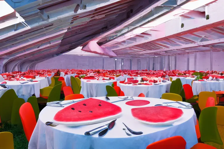 Prompt: 2 0 1 2 watermelon diner, tables repeat endlessly into the horizon, y 2 k cybercore cutecore fruitcore, one point perspective, tyler mitchell photoshoot