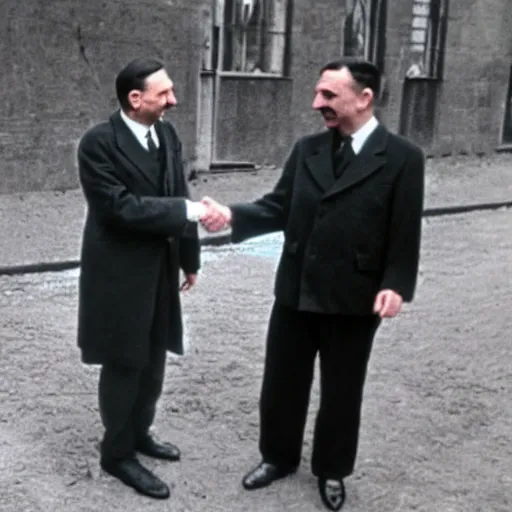 Prompt: A still of Mr Bean shaking hands with Hitler