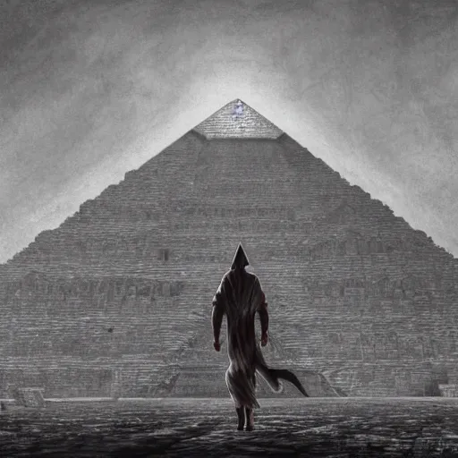 Image similar to Pyramid Head standing in front of The Great Pyramid of Giza, intricate, highly detailed, fullbody, artstation, dark fantasy, horror, Silent Hill game, concept art, smooth, sharp focus, illustration, art by greg rutkowski and orientalism and bouguereau and Zdzislaw Beksinski, good clear quality, lighting, biology, symmetrical artwork, perfect face, 135 mm, cinematic, hyper realism, high detail, octane render, 8k, chrome accents