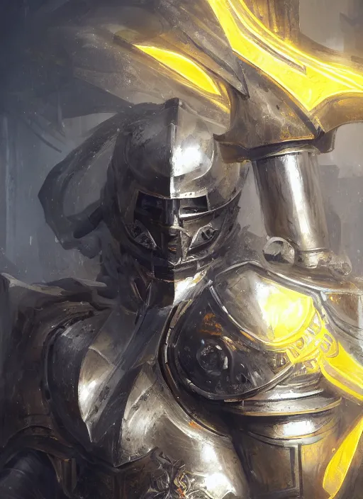 Image similar to dynamic attack position abstract portrait of a intricate glorious holy mechanical warforged character in yellow armor holding a paladin engraved great longsword drawn and carrying a big paladin shield, beam from eye , face in focus, epic , trending on ArtStation, masterpiece, cinematic lighting, by Ross Tran and by Greg Rutkowski