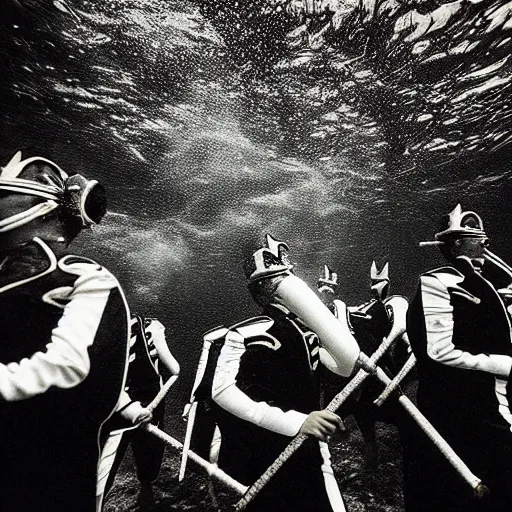 Image similar to Underwater photo of a marching band by Trent Parke, clean, detailed, Magnum photos