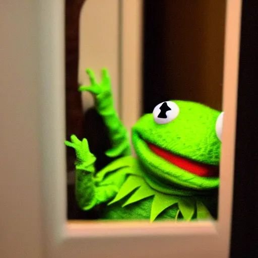 Prompt: photographs of FBI Kermit finding Elmo Esteves in a closet