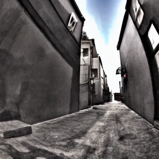 Image similar to alley among residental buildings, ghetto neiborhood, anime style painting, fish eye effect, wide angle