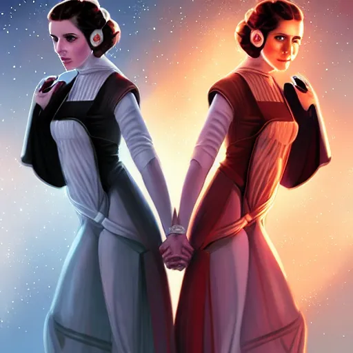 Prompt: princess leia organa and queen padme amidala holding hands, perfect face, perfect body, flirty, full body portrait, digital art by artgerm