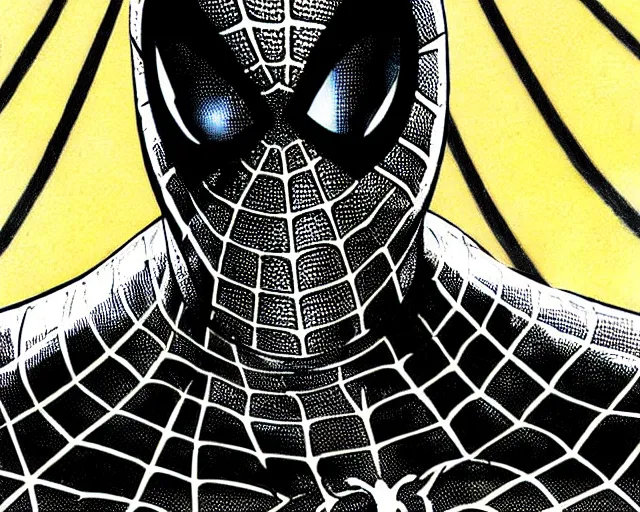 Image similar to photorealistic sketch of black spider - man with gold webbing by steve ditko