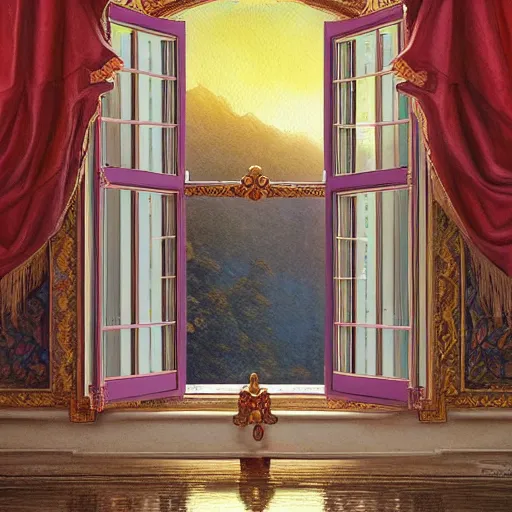 Image similar to digital illustration of a beautiful window open front view, complete window!, realistic, aesthetic, vintage frame window, ornate, russian style, colorful architectural drawing, a watercolor and matte painting by mark keathley and mandy jurgens and charlie bowater, cgsociety, artdeco, utopia art, bold colors, sci - fi, artstation hq