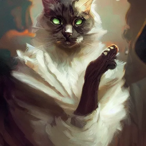 Prompt: portrait of an evil cat plotting against humanity, highly detailed, digital painting, artstation, concept art, sharp focus, illustration, art by artgerm and greg rutkowski and alphonse mucha