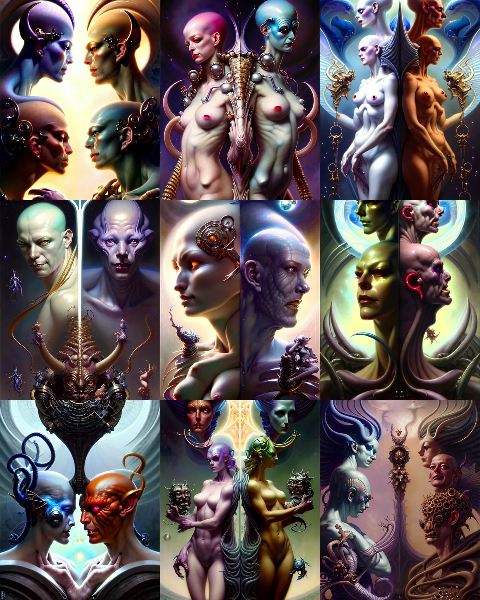 Image similar to beautiful gemini good and evil, happy and sad faces, fantasy character portrait, ultra realistic, wide angle, intricate details, the fifth element artifacts, highly detailed by peter mohrbacher, boris vallejo, hajime sorayama, wayne barlowe, aaron horkey, gaston bussiere, craig mullins