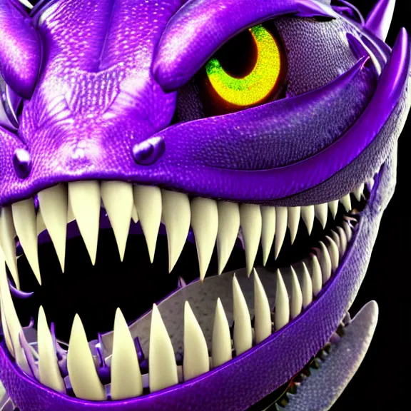 Image similar to high quality close up headshot of a cute beautiful stunning robot anthropomorphic female dragon, with sleek silver armor, purple flesh, glowing LED eyes, facing the camera, high quality maw open and about to eat you, you being dragon food, the open maw being detailed and soft, with purple mawflesh, sharp teeth, soft lulling tongue, highly detailed digital art, furry art, anthro art, sci fi, warframe art, destiny art, high quality, 3D realistic, dragon mawshot, maw art, furry mawshot, macro art, dragon art, Furaffinity, Deviantart