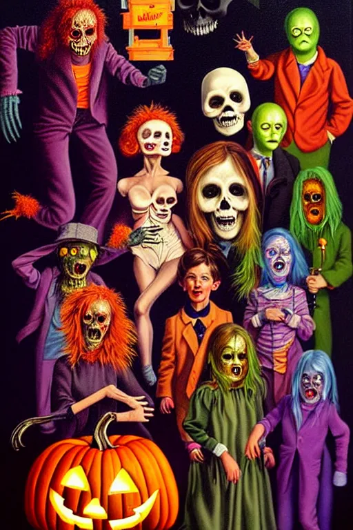 Image similar to a hyperrealistic painting of a vintage halloween costume party, cinematic horror by chris cunningham, lisa frank, richard corben, highly detailed, vivid color,