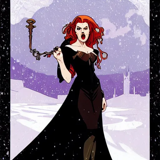 Prompt: Rafeal Albuquerque comic art, Joshua Middleton, Alphonse Mucha, pretty female Amy Adams, full entire body fun pose, scary vampire, fully black eyes no pupils, sharp vampire teeth smile open mouth, sarcastic evil smile, horror symmetrical face, symmetrical eyes, black Victorian dress, long curl red hair, outside in snow snowing