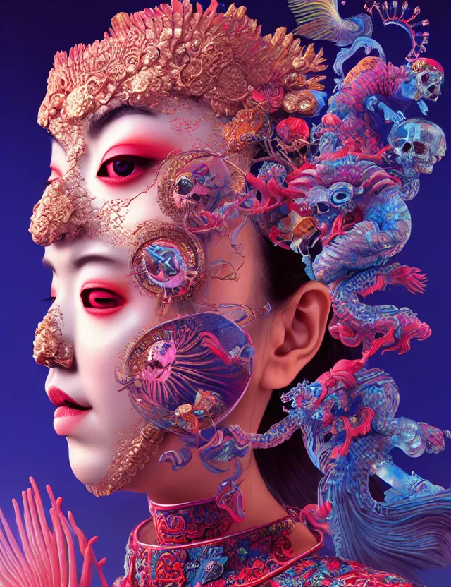 Prompt: 3 d goddess close up profile portrait with skull. beautiful intricately detailed chinese peking opera mask and clasical chinese cheongsam. betta fish, jellyfish phoenix, bio luminescent, plasma, ice, water, wind, creature, artwork by tooth wu and wlop and beeple and greg rutkowski