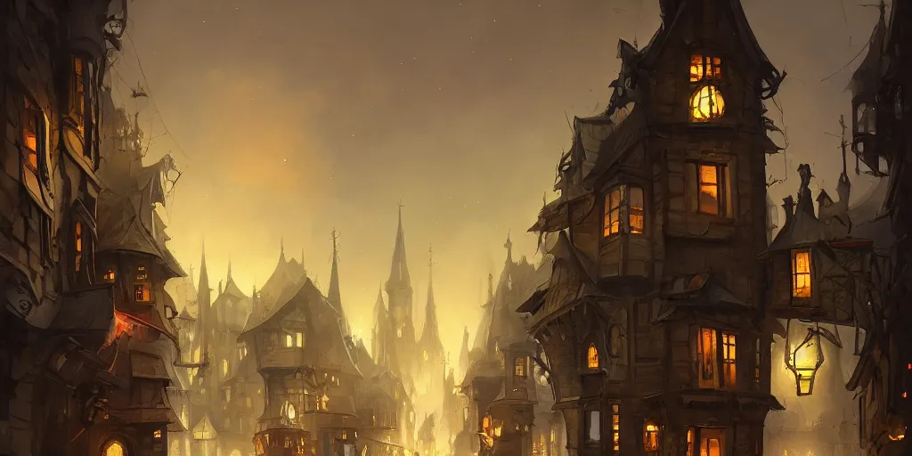Prompt: illustration of close - up street view of gothic town, night, by peter mohrbacher, by alex andreev, by jacek yerka, large depth of field, super detailed, digital art, trending on artstation, minimalism
