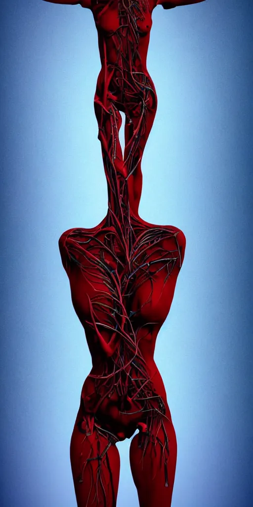 Prompt: poster design, full body anatomical model, 3 d photographic render of a deconstructed asymmetric human anatomical correct human body, in hoc signo vinces, waterfall, in the style of leonora carrington, gottfried helnwein, intricate composition, blue light by caravaggio, insanely quality, highly detailed, masterpiece, red light, artstation