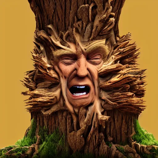 Image similar to donald trump is fused into a tree stump, hyperdetailed, artstation, cgsociety, 8 k