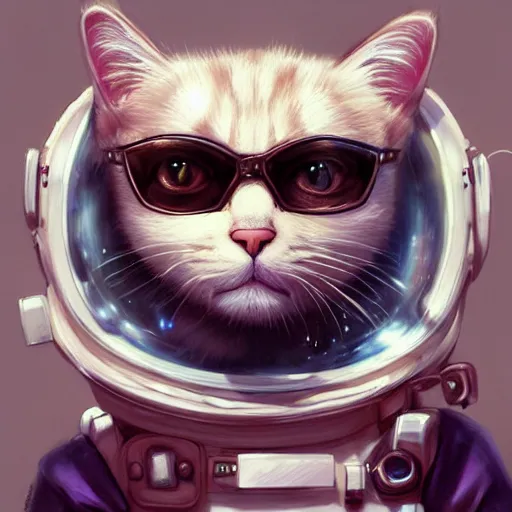 Image similar to head and shoulders masterpiece portrait of a cute adorable cat wearing a spacesuit, surreal background, digital art by krenz cushart, trending on artstation, cgsociety,