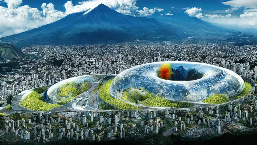 Image similar to Nuclear; Mountain, Nature, City; Harmony; Quito, Ecuador; by Oswaldo Moncayo and Vincent Callebaut; Art Direction by James Cameron;