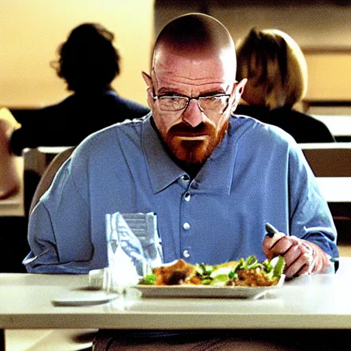 Image similar to autistic Walter White eating lunch alone in the cafeteria