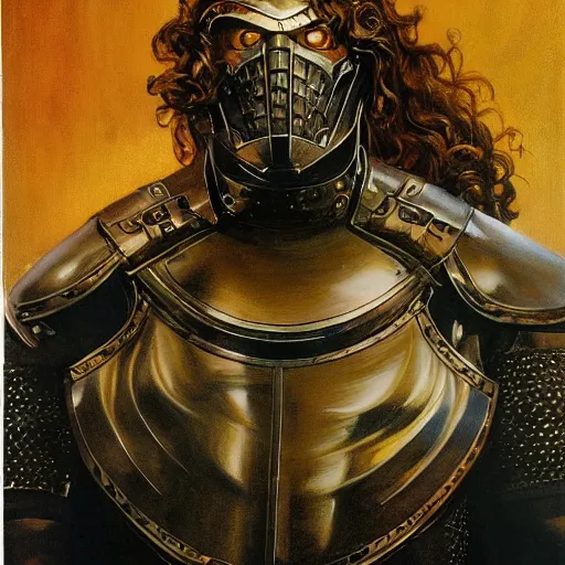 Prompt: oil painting of a pale menacing Apollo with long curly blond hair and piercing glowing eyes, powerful sci fi centurion in tall jagged black plate armor, cinematic chiaroscuro creeping darkness, by J.C leyendecker and norman rockwell