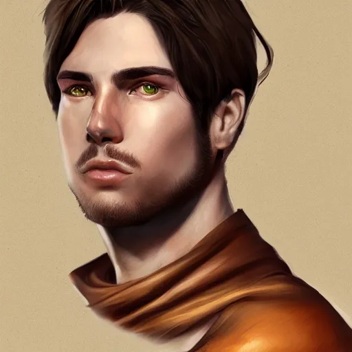 Image similar to realistic portrait, 25 years old man :: athletic fantasy mage :: green eyes, long brown hair :: wearing a brown robe :: high detail, digital art, RPG, concept art, illustration