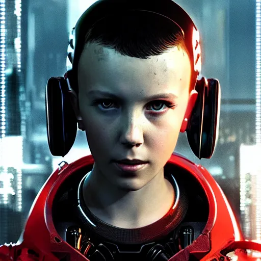 Prompt: Portrait of cyborg Millie Bobby Brown by Yoji Shinkawa, octane render