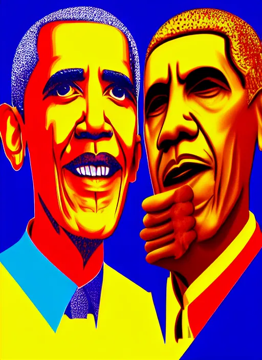 Image similar to pop art obama and khamenei angry each other, no duplicate image, glowing lights, highly detailed, digital painting, artstation, concept art, smooth, sharp focus, illustration, art by richard hamilton and mimmo rottela