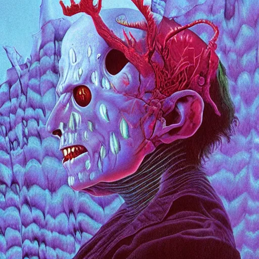 Image similar to Vampire in Fear and Loathing Wonderland, a psychedelic horror fantasy portrait by Wayne Barlowe, vivid color,