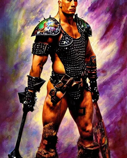 Image similar to portrait of a skinny punk dwayne johnson wearing armor by simon bisley, john blance, frank frazetta, fantasy, thief warrior, floral flowers colorful