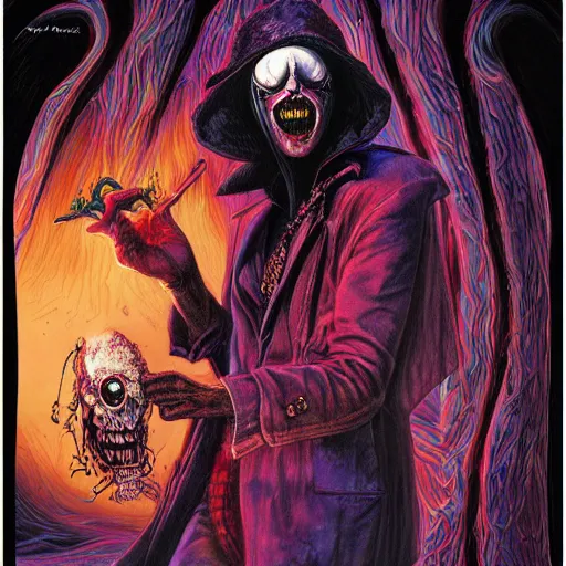 Prompt: Fear and Loathing Vampire in Wonderland, a psychedelic horror fantasy portrait by Wayne Barlowe and Artgerm, vivid color, album cover,