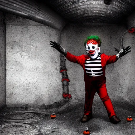 Prompt: photo of a killer clown in the sewer