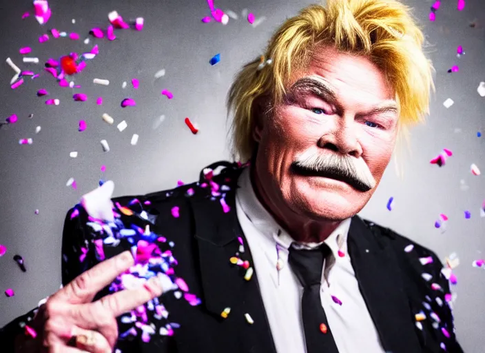 Image similar to photo still of rip taylor at a drug bust!!!!!!!! at age 5 4 years old 5 4 years of age!!!!!!! throwing confetti from a bucket, 8 k, 8 5 mm f 1. 8, studio lighting, rim light, right side key light
