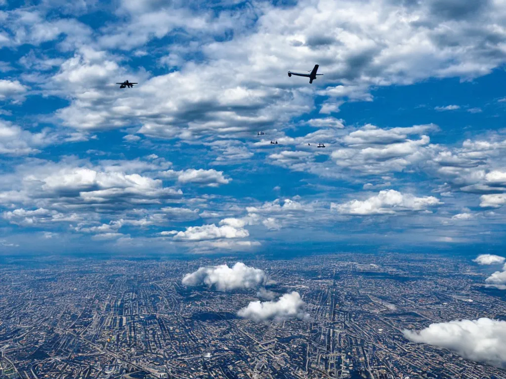 Prompt: clouds, horizontal skyscraper flying towards planes in the sky