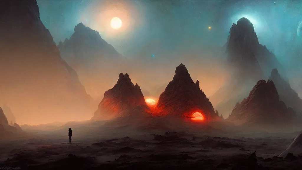 Image similar to eerie atmospheric alien planet by les edwards and vincent di fate and anato finnstark, epic cinematic matte painting