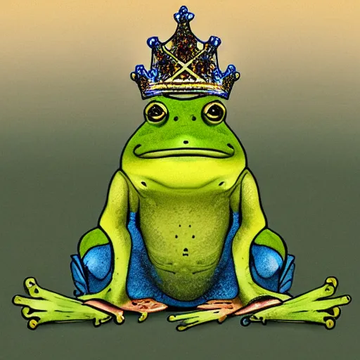 Prompt: a photorealistic frog king sitting on a throne, surrounded by frog servants next on the side of the pond, digital art
