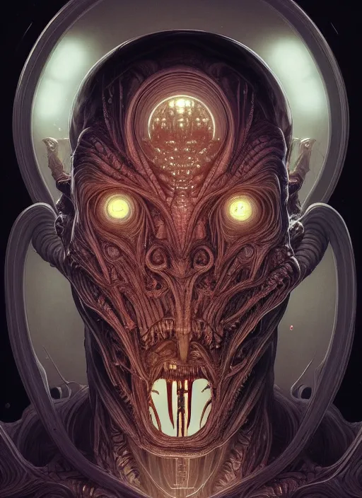 Prompt: symmetry!! portrait of grotesque alien, sci - fi horror, glowing lights!!, intricate, body horror, dark design, highly detailed, dark lighting, digital art, digital painting, artstation, smooth, sharp focus, illustration, art by artgerm and h r giger and greg rutkowski and alphonse mucha, 8 k